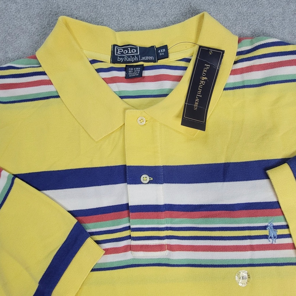 New Polo Ralph Lauren Polo Shirt Men's 4XB Yellow Striped Short Sleeve 90s VTG